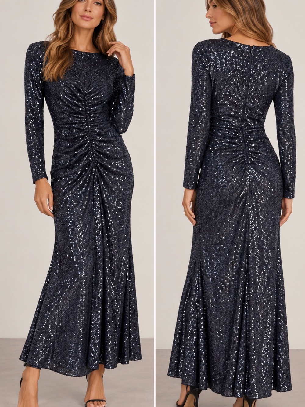 Cara Cara Navy Blue Sequin Long Sleeve Ruched Gown Size M